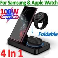 ≮ Small M trend phone case ≯ไร้สายพับได้แท่นชาร์จ4 In 1 100W,สำหรับ iPhone 14 13Pro นาฬิกา iphone 7/6สำหรับ Samsung Galaxy เครื่องชาร์จนาฬิกา4/3 S22 S21