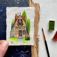 Cozy house art Original watercolor Miniature artwork on handmade paper ACEO