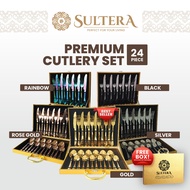Sultera Set Sudu Premium Stainless Steel Cutlery Set Sudu Teh Pisau Sudu Garfu Bersalut Emas High Quality 24 pcs
