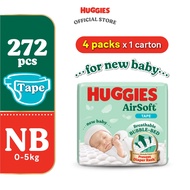 [Bundle of 4] HUGGIES AirSoft Tape NB68/S58/M52/L44/XL38 - Breathable and Soft Premium Diapers for B