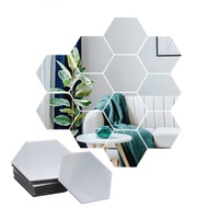 🔥 1Set 12Pcs Acrylic 3D Silver Mirror Geometric Hexagon Modern Wall Decoration Cermin Hiasan
