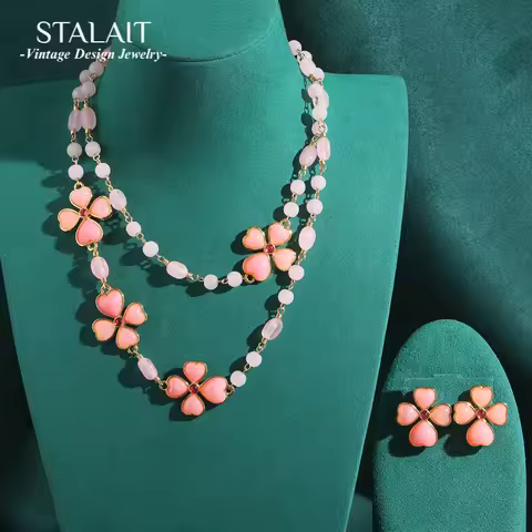 Vintage Pink Jewelry Sets Luxury Natural Opal Clover Earring And Necklace 4 Leaf Princess Crystal Hi
