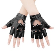 1 Pair Half Finger Leather Gloves, Stylish Fingerless Leather Gloves with Rhinestone Biker Punk Glov