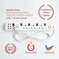 SocketMan 3 Pin + 4 Gang/Way Extension Multiple Trailing Power Socket with 2/5 Meter Cable Cord SIRIM Approved Plug Top