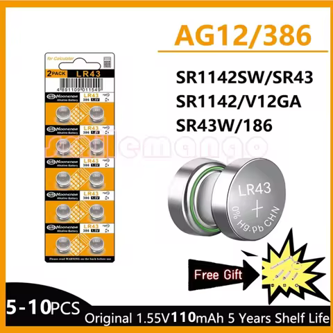 5-10PCS 1.55V AG12 LR43 100mAh Lithium Button Cell SR43 386 LR1142 V12GA AG 12 SR43W SR1142 Coin Cel