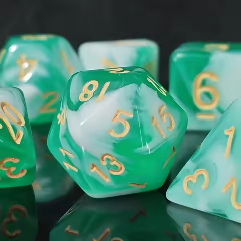Hot Sale 7Pcs Green White Swirl Polyhedral Dice Set with Gold Numbers DND Dice for Dungeons & Dragon