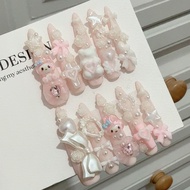 Pink Melody Gyaru Handmade Press On Nails Jirai Kei Long Stiletto 3D Bow Star Pearl Wings Rose Pink 