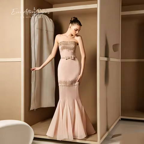 Ever After Gowns Arabic Luxury Blush Pink Mermaid Evening Gown Strapless Gold Sequin Decor Bow Belt 