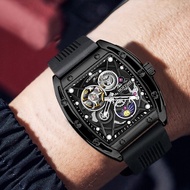 Dfdf Barrel-Shaped Skeleton Automatic Mechanical Watch Waterproof Luminous Universal Men's Black Tec