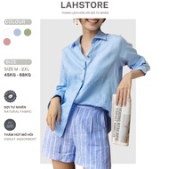LAHSTORE women's loose long-sleeved shirt in linen fabric with youthful wooden buttons ASM02 (Blue)