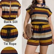 Plus Size Women's Summer Colorful Striped Romper,Casual 90s Yellow Short Set,Vacation Beach Outfit J