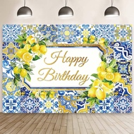 7x5ft Lemon Happy Birthday Backdrop Blue Tile Lemon Photography Background Talavera Tile Floral Prin