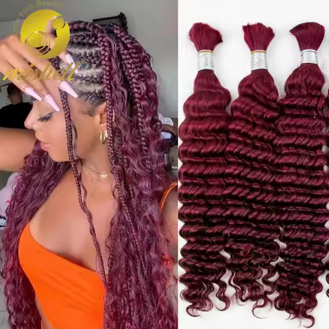 12A 99J# Burgundy Deep Wave Human Hair Bulk for Boho Braids Curly Human Hair No Weft for Braiding Vi