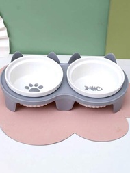 斜口設計的陶瓷貓碗,保護寵物頸椎,防傾斜雙碗可裝水和食物