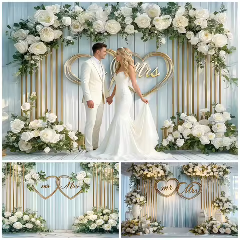 White Rose Wedding Backdrop Mr Mrs Double Heart Decor For Wedding Photo Booth Romantic Bridal Theme 