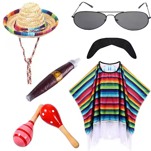 Kid Adult Mexican Party Costume Striped Cloak Poncho Sombrero Hat Sunglasses Mustache Set for Mexica