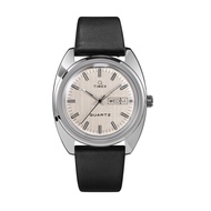 Q Timex 1975 Reissue Day-Date 37mm Leather Strap Watch - Silver-Tone, Black (TW2U87900)