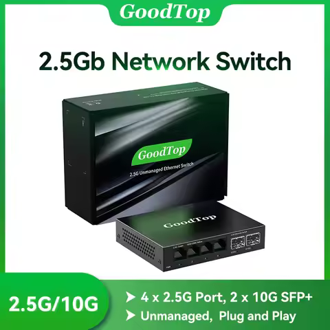 GoodTop 2.5GbE Switch 4 Port 2.5G RJ45 with 2 Port 10G SFP+ Fanless Plug and Play Unmanaged Network 