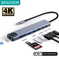 BENOSEM 8 In 1 Dock Type C 3.1 To 4k Hdmi Hub Adapter With RJ45 Ethernet LAN TF Micro SD Card Reader