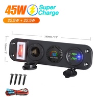 Xps ระบบชาร์จเร็วสุดๆ45W 12V QC ช่องเสียบสายชาร์จรถ Usb คู่โวลต์มิเตอร์ไฟ LED กระพริบตามลำดับแผงสวิต