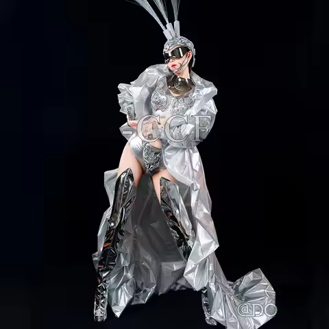 Futuristic Silver Mirror Stage Costume Gogo Show Performance Suit Long Coat Carnival Festival Rave W