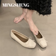 MINGSHENG รองเท้าผู้หญิงรองเท้าส้นเตี้ยสไตล์ฝรั่งเศส,รองเท้าคู่เดียวมีไฟติดโบว์แบบเบา