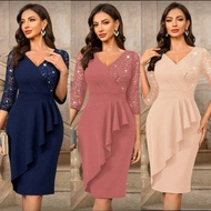 meian999 Classic V-Neck Sequin Floral Lace Contrast Ruffle Trim Wrap Hem 3/4 Sleeve Cocktail Party F