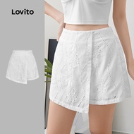 (New) Lovito Casual Shorts Eyelet Embroidery Asymmetrical Spring/summer White Shorts for Women L143A