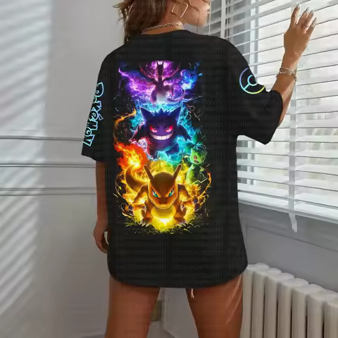 Summer 2026 Anime Pokemon Cotton T Shirt Gengar Charizard Pikachu Mew Multi Character Print Loose Fi