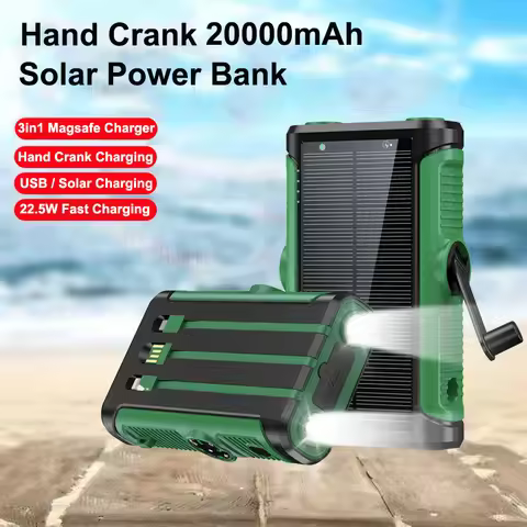 20000mAh Hand Crank Solar Power Bank with 22.5W PD Fast Charging Magsafe Wireless Charger Powerbank 