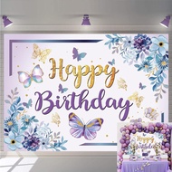 Purple Butterfly Floral Photography Backdrop Princess Women Girl Sweet 16th 18th 21st 30th Birthday 