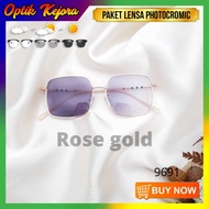 kacamata wanita photocromic | frame besar 9691 | anti radiasi - rose gold frame saja