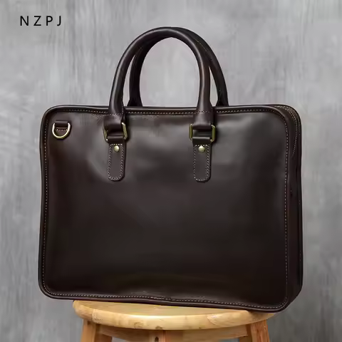 NZPJ Retro Men's Briefcase Leather Laptop Bag Top Layer Cowhide Casual Handbag 14 Inch Business Shou
