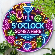 1pc 8inch Round Metal Sign Plate With 5 O'clock Neon Sign Design, Vintage Wall Decor For Indoor, Out