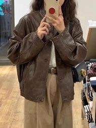 Áo Khoác Da Brown American Style Cổ Đứng Cho Nữ Dáng Ngắn Mùa Thu Đông Phong Cách Retro Cao Cấp Áo K