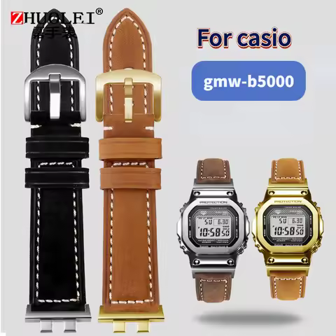 Grind arenaceous do old leather Watchband For Casio G-Shock Small square gold silver brick GMW-B5000