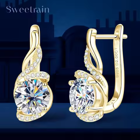 Sweetrain Plated 18K Gold 2CT Moissanite Hoop Earrings for Women Lab Created Diamond Earring S925 St
