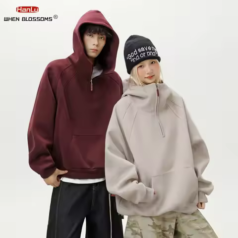 HANGLU 2025 Men Women Heavyweight Half Zip Hoodie Ribbed High Neck Minimalist Streetwear Couple Unis