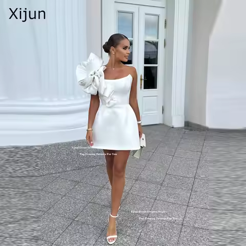Xijun Modern Ivory Short Wedding Dresses Crepe 3D Flowers A-Line Mini Prom Dresses Sleeveless Formal