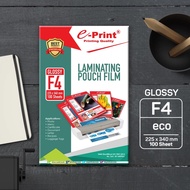 E-PRINT F4 Glossy Laminating Plastic 100 Sheets 225x340 - Waterproof, Durable, Shiny Laminated Mica 