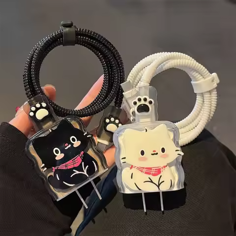 Cute Cartoon Animal Cat Cable Protector for IPhone 20W 18W Charger Case Phone Wire Cord Organizers f
