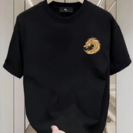 2024 CNY Cotton Quality Dragon Printed Round Neck Fashion Short Sleeve All-match T-shirt Loose Black