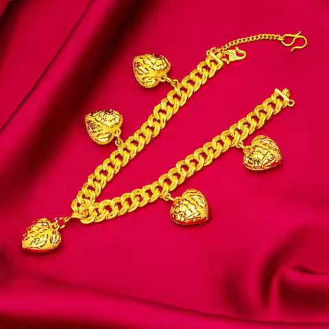 24K Gold AU999 Women's Heart Bead Bracelet - Heart Gold Beads + Polished Chain, Beads Flattering Chi