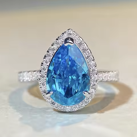 Solid 18K White Gold Rings Lady Pear Shape 7CT 8X12mm Sapphire Diamond Engagement Rings For Women Lo