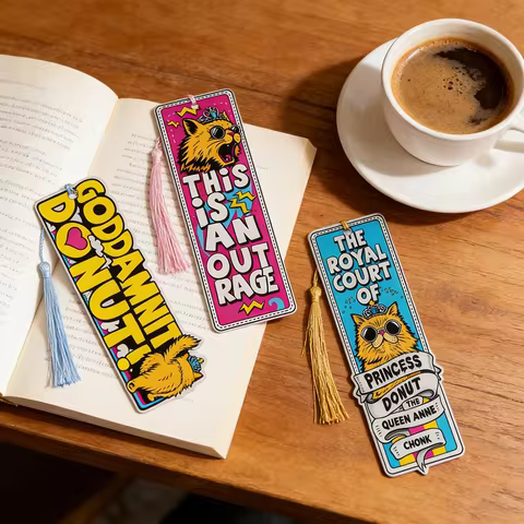 Funny Cat Acrylic Bookmarks with Tassel - Dungeon Crawler Carl Princess Donut Design Hilarious Gift 