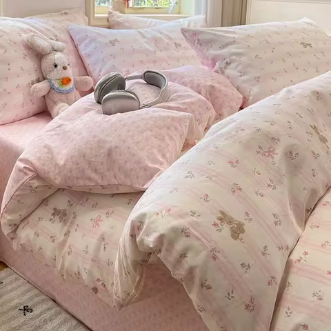 Cute Pink Bear Bedding Set Soft Kids Adult Single Double Queen Size Duvet Cover Flat Sheet Pillowcas