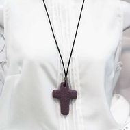 紫色火山石大十字架項鍊 75cm天然皮繩項鍊 鍊長可調 信仰項鍊