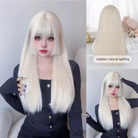 26Inch White-Blonde Lolita Synthetic Wigs With Bang Long Natural Straight Hair Wig for Women Hime Cu