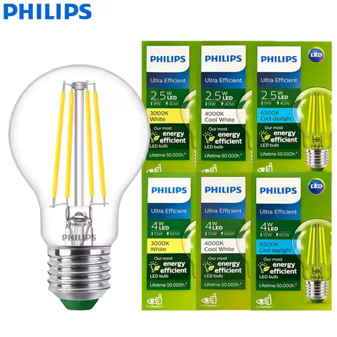Philips LED Filament E27 Bulb 2.5W 4W Ultra Efficient Clear A60 Lamp Classic Glass LED EyeComfort 30