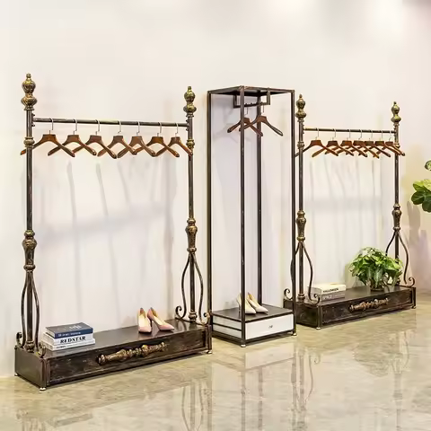 Unique Wooden Clothes Rack Store Wheels Long Modern Standing Clothing Racks Storage Nordic Percheros